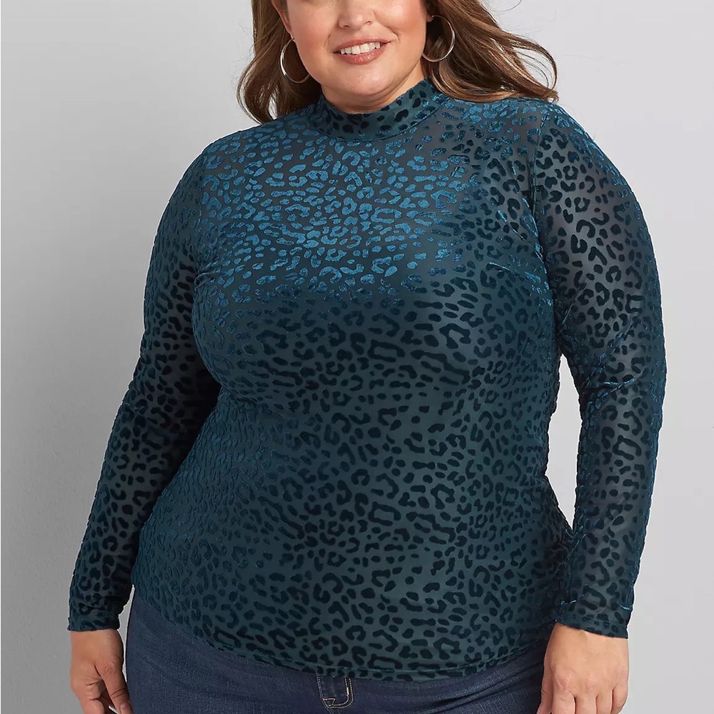 Lane Bryant Teal Mock-Neck Leopard Print Sheer Mesh Long Sleeve Top 22/24